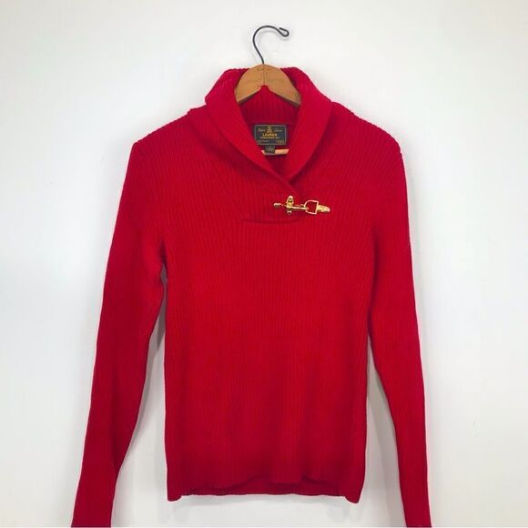 Lauren Ralph Lauren Red Ribbed Knit Gold Buckle Classic Pullover Sweater - Picture 1 of 16